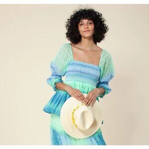 Hale Bob Women's Brittany Smocked Top Size Medium Smocked Vacation Green Blue